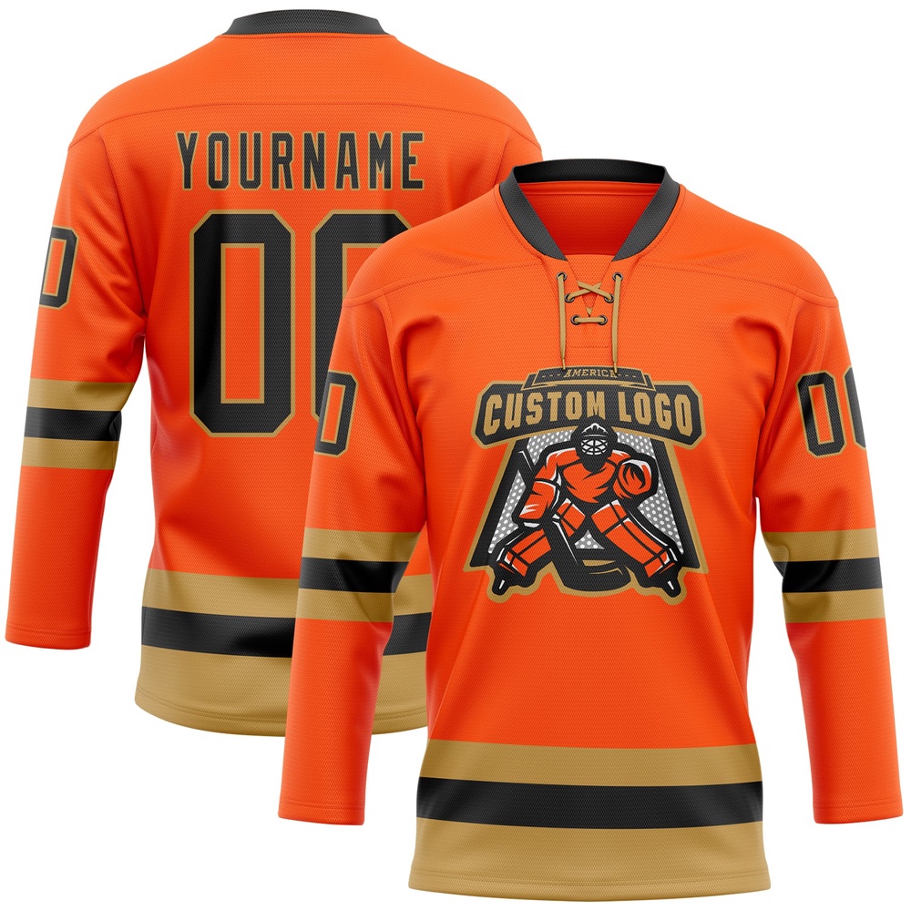 Custom Orange Black Old Gold Hockey Lace Neck Jersey, New Hockey Jersey, Personali Sport Team Jersey Shirt