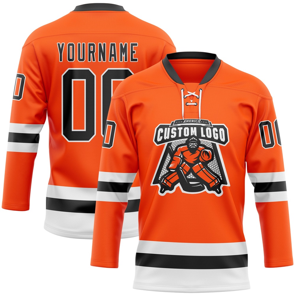 Custom Orange Black White Hockey Lace Neck Jersey, New Hockey Jersey, Personali Sport Team Jersey Shirt