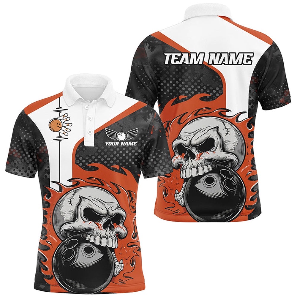 Custom Orange Flame Skull Bowling Shirts, Bowling Team Polo Shirt For Men Outfit Bowling, Personalized Bowling Team Shirt Custom Orange Flame Skull Bowling Shirts, Bowling Team Polo Shirt For Men Outfit Bowling, Personalized Bowling Team Shirt