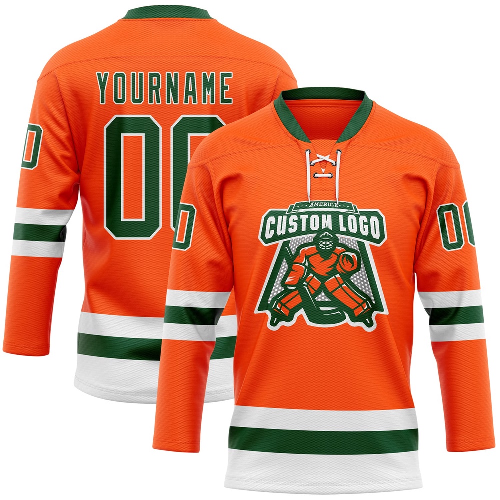 Custom Orange Green White Hockey Lace Neck Jersey, New Hockey Jersey, Personali Sport Team Jersey Shirt Custom Orange Green White Hockey Lace Neck Jersey, New Hockey Jersey, Personali Sport Team Jersey Shirt