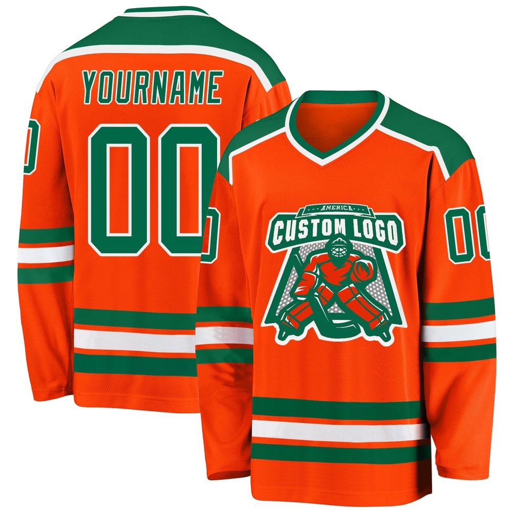 Custom Orange Kelly Green White Hockey Jersey, New Hockey Jersey, Personali Sport Team Jersey Shirt Custom Orange Kelly Green White Hockey Jersey, New Hockey Jersey, Personali Sport Team Jersey Shirt