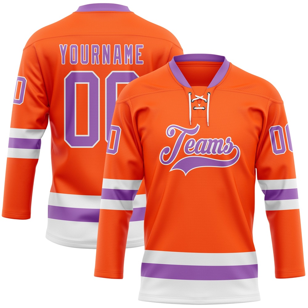 Custom Orange Medium Purple White Hockey Lace Neck Jersey, New Hockey Jersey, Personali Sport Team Jersey Shirt Custom Orange Medium Purple White Hockey Lace Neck Jersey, New Hockey Jersey, Personali Sport Team Jersey Shirt