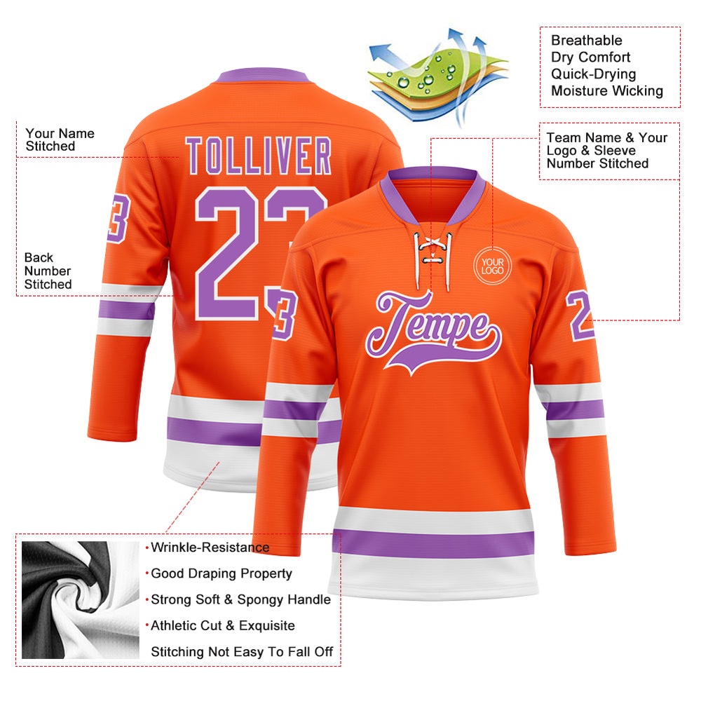Custom Orange Medium Purple White Hockey Lace Neck Jersey, New Hockey Jersey, Personali Sport Team Jersey Shirt Custom Orange Medium Purple White Hockey Lace Neck Jersey, New Hockey Jersey, Personali Sport Team Jersey Shirt