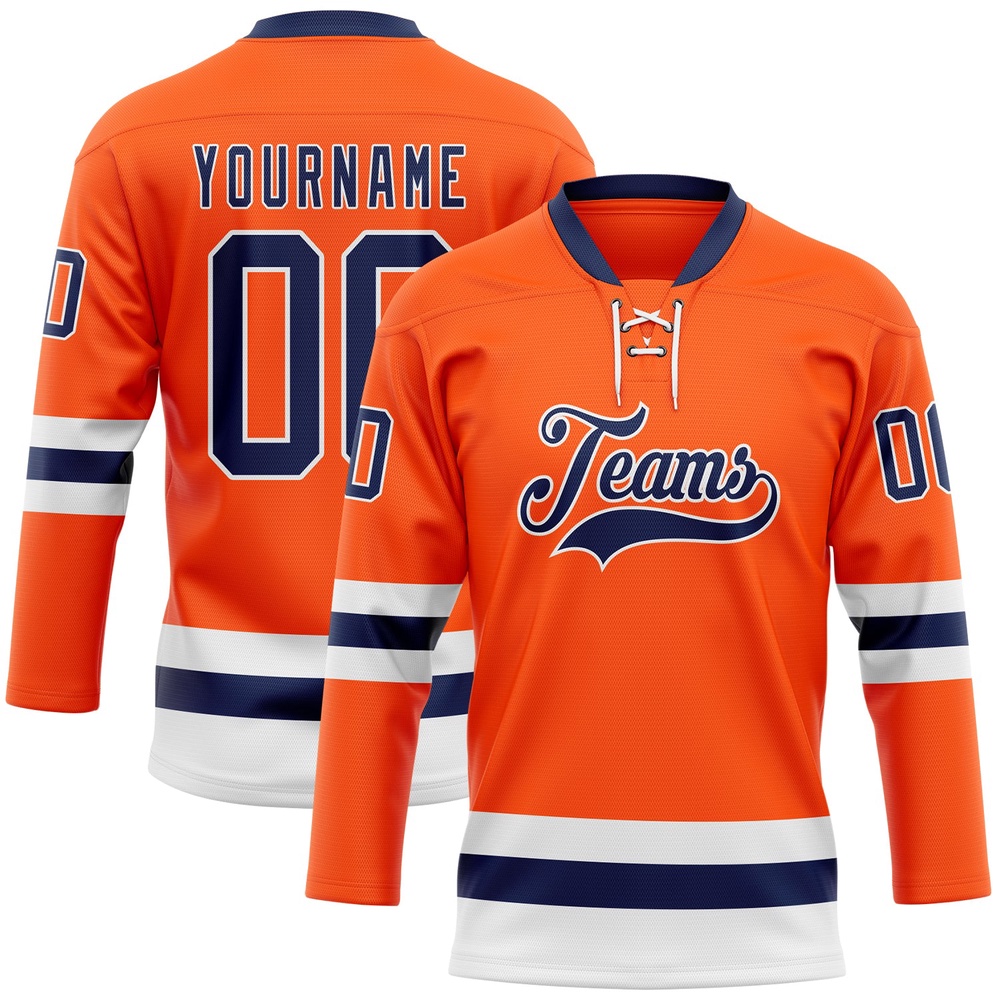 Custom Orange Navy White Hockey Lace Neck Jersey, New Hockey Jersey, Personali Sport Team Jersey Shirt Custom Orange Navy White Hockey Lace Neck Jersey, New Hockey Jersey, Personali Sport Team Jersey Shirt