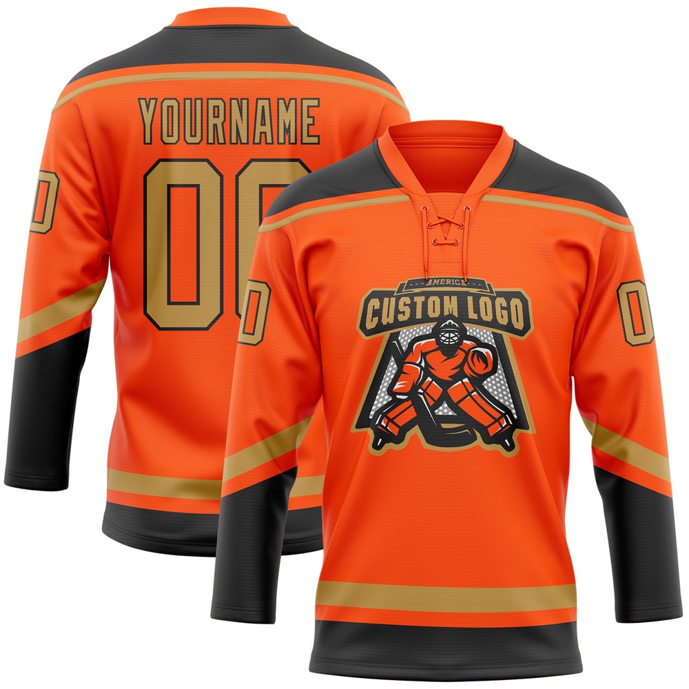 Custom Orange Old Gold Black Hockey Lace Neck Jersey, New Hockey Jersey, Personali Sport Team Jersey Shirt