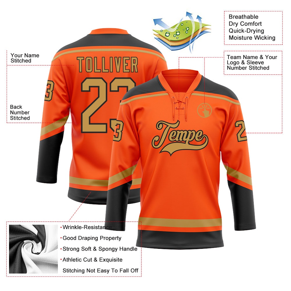 Custom Orange Old Gold Black Hockey Lace Neck Jersey, New Hockey Jersey, Personali Sport Team Jersey Shirt