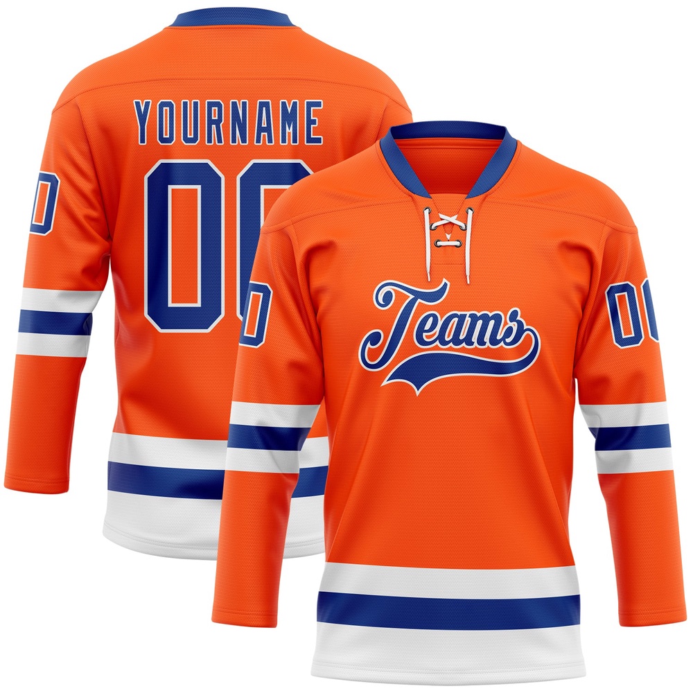 Custom Orange Royal White Hockey Lace Neck Jersey, New Hockey Jersey, Personali Sport Team Jersey Shirt Custom Orange Royal White Hockey Lace Neck Jersey, New Hockey Jersey, Personali Sport Team Jersey Shirt