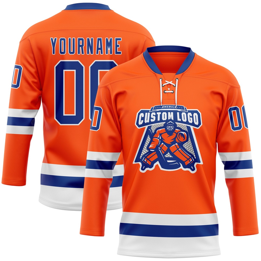 Custom Orange Royal White Hockey Lace Neck Jersey, New Hockey Jersey, Personali Sport Team Jersey Shirt Custom Orange Royal White Hockey Lace Neck Jersey, New Hockey Jersey, Personali Sport Team Jersey Shirt