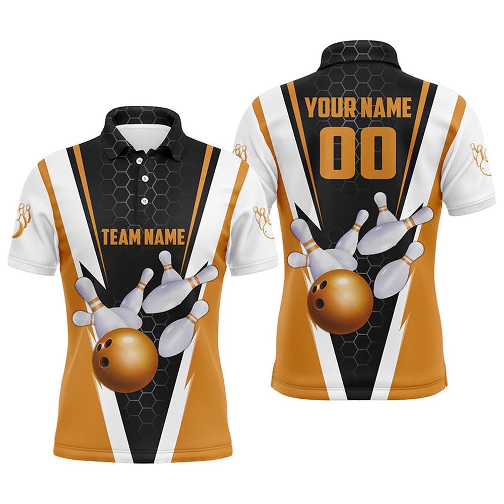 Custom Orange Strike Bowling Polo Shirts For Men, Bowling Team Polo Shirt With Name And Number, Personalized Bowling Team Shirt