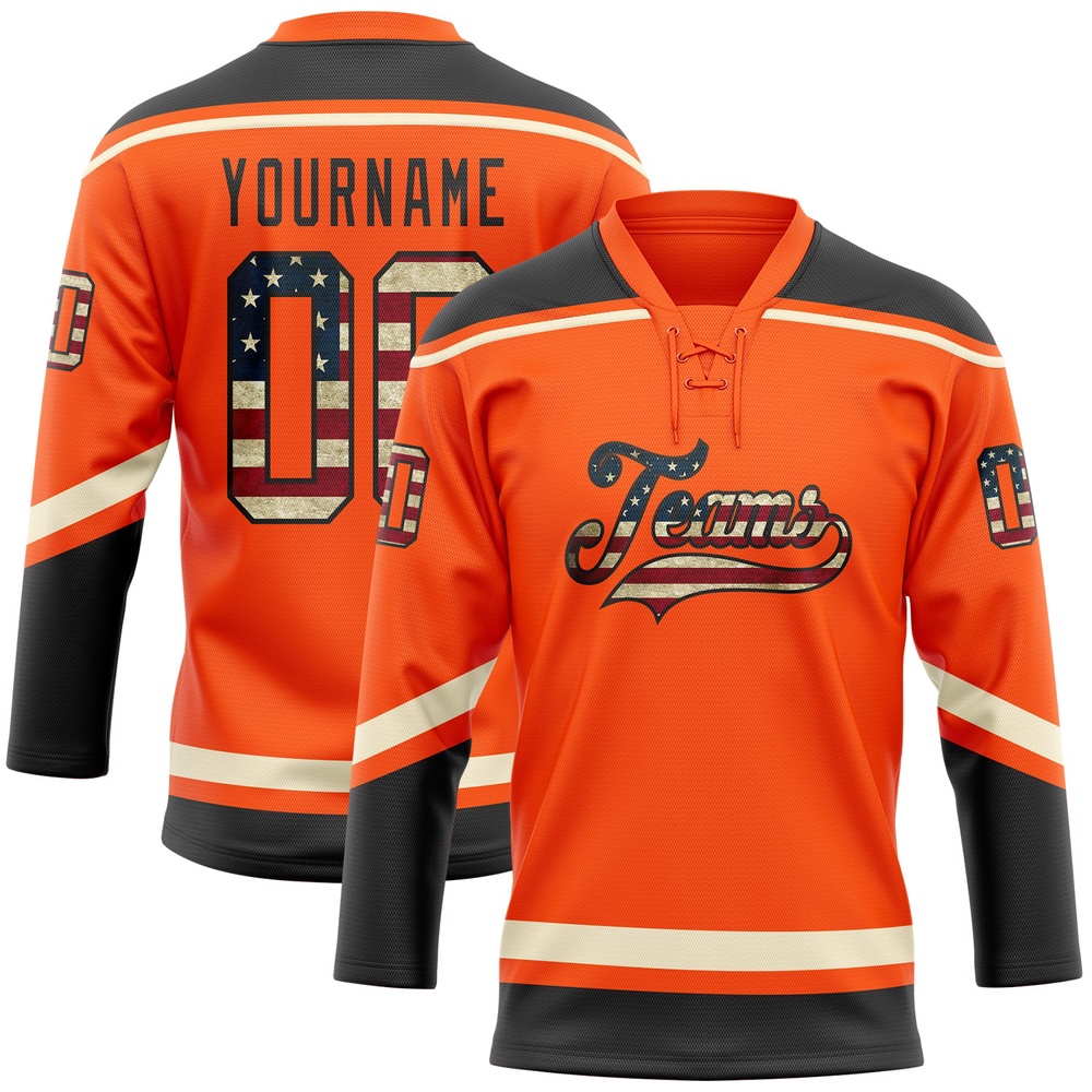 Custom Orange Vintage USA Flag Black Cream Hockey Lace Neck Jersey, New Hockey Jersey, Personali Sport Team Jersey Shirt