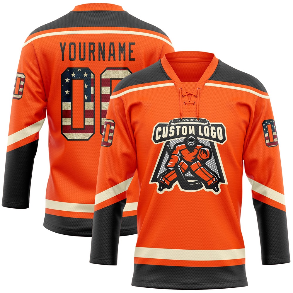 Custom Orange Vintage USA Flag Black Cream Hockey Lace Neck Jersey, New Hockey Jersey, Personali Sport Team Jersey Shirt