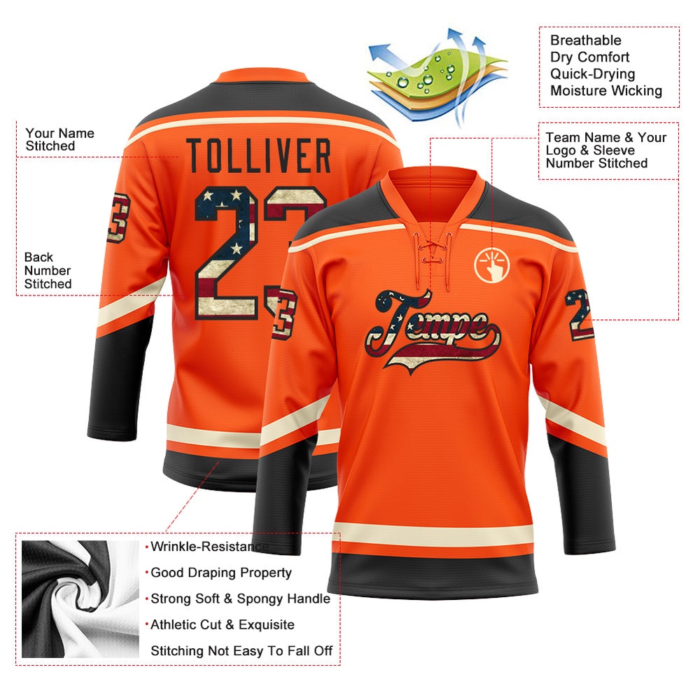 Custom Orange Vintage USA Flag Black Cream Hockey Lace Neck Jersey, New Hockey Jersey, Personali Sport Team Jersey Shirt