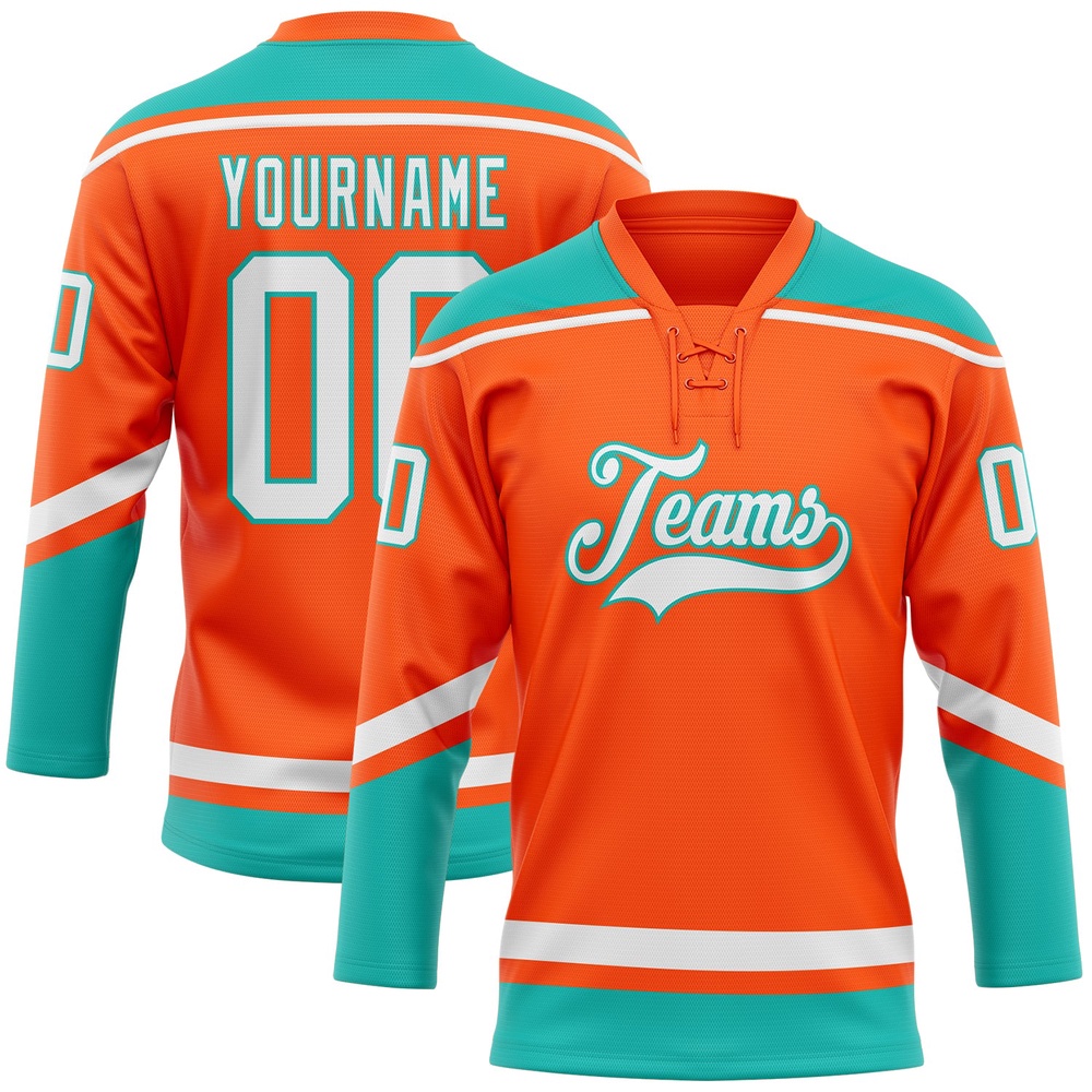 Custom Orange White Aqua Hockey Lace Neck Jersey, New Hockey Jersey, Personali Sport Team Jersey Shirt