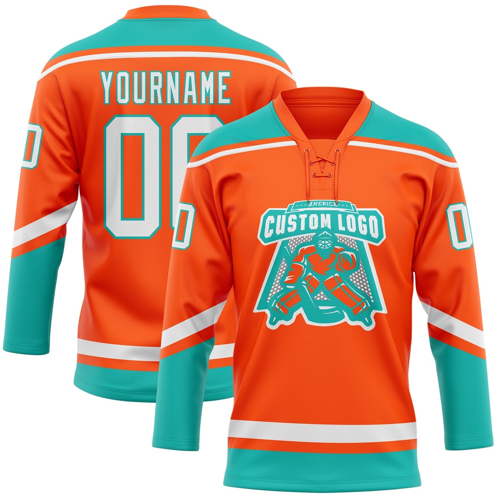 Custom Orange White Aqua Hockey Lace Neck Jersey, New Hockey Jersey, Personali Sport Team Jersey Shirt