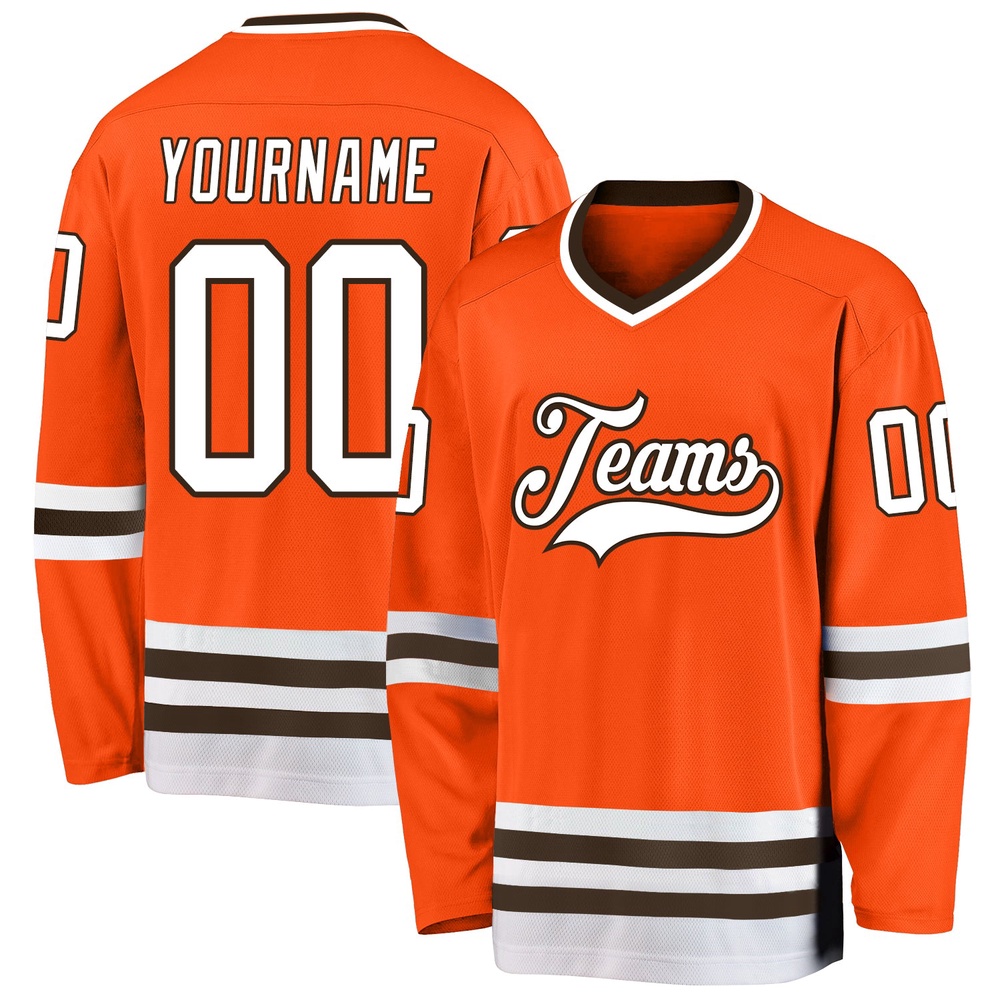 Custom Orange White Brown Hockey Jersey, New Hockey Jersey, Personali Sport Team Jersey Shirt Custom Orange White Brown Hockey Jersey, New Hockey Jersey, Personali Sport Team Jersey Shirt