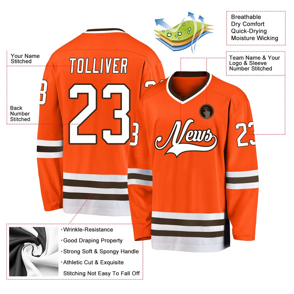 Custom Orange White Brown Hockey Jersey, New Hockey Jersey, Personali Sport Team Jersey Shirt Custom Orange White Brown Hockey Jersey, New Hockey Jersey, Personali Sport Team Jersey Shirt