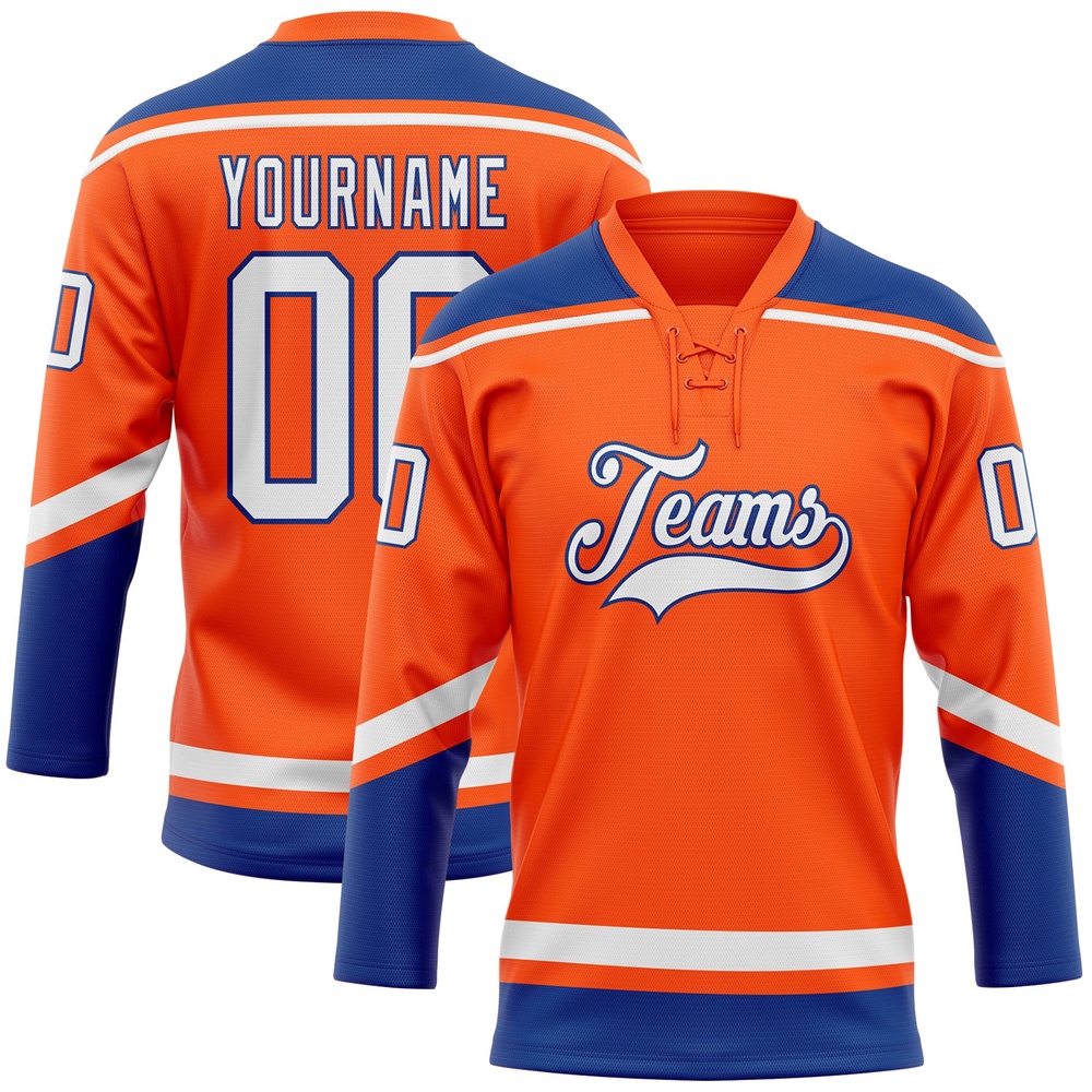 Custom Orange White Royal Hockey Lace Neck Jersey, New Hockey Jersey, Personali Sport Team Jersey Shirt