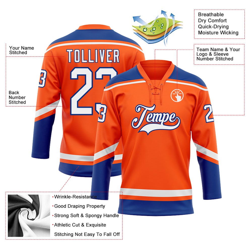Custom Orange White Royal Hockey Lace Neck Jersey, New Hockey Jersey, Personali Sport Team Jersey Shirt