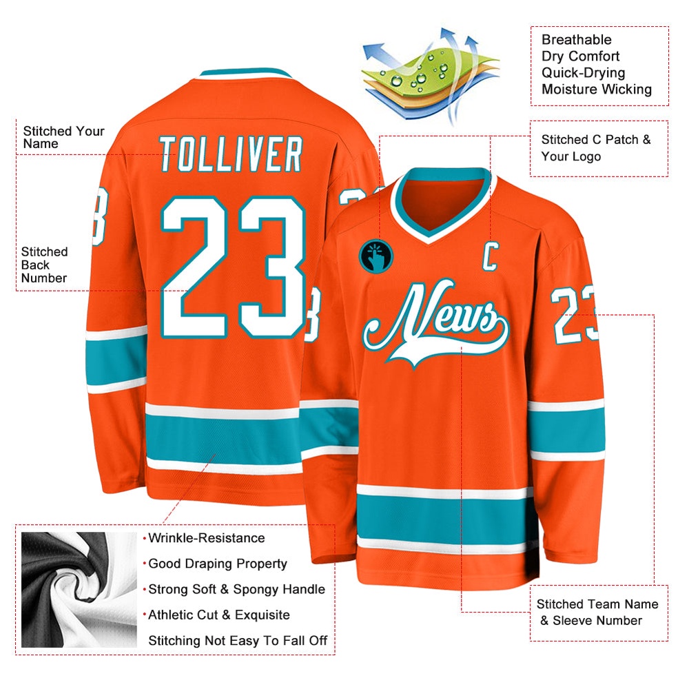 Custom Orange White Teal Hockey Jersey, New Hockey Jersey, Personali Sport Team Jersey Shirt