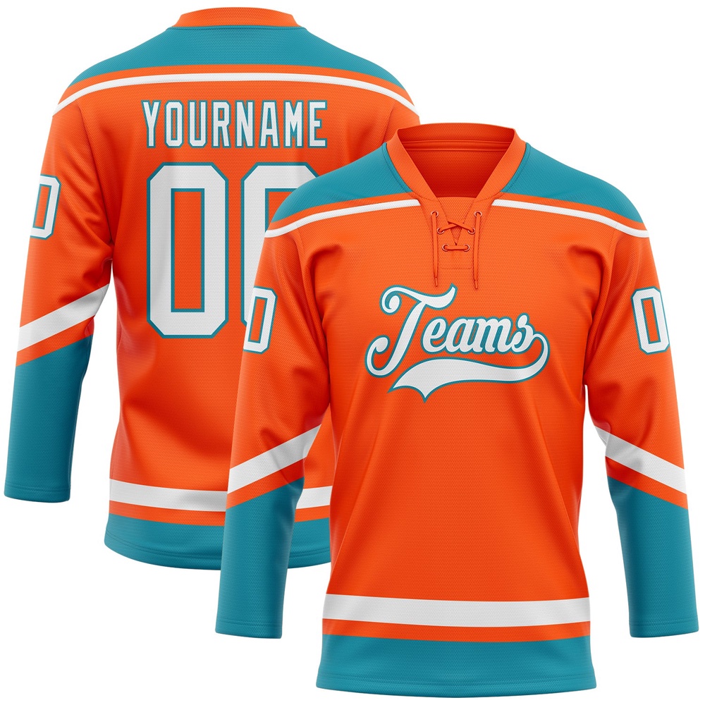 Custom Orange White Teal Hockey Lace Neck Jersey, New Hockey Jersey, Personali Sport Team Jersey Shirt Custom Orange White Teal Hockey Lace Neck Jersey, New Hockey Jersey, Personali Sport Team Jersey Shirt