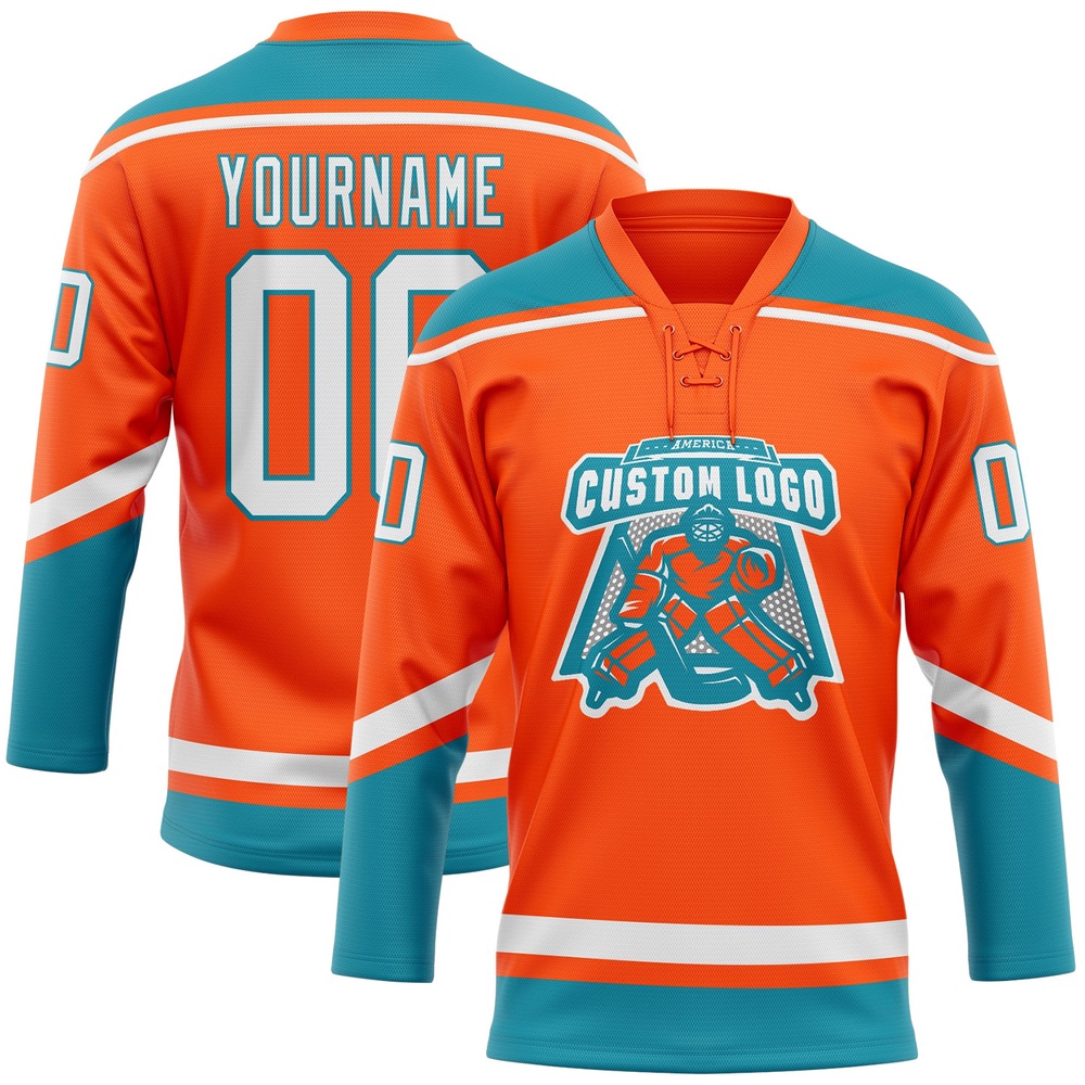 Custom Orange White Teal Hockey Lace Neck Jersey, New Hockey Jersey, Personali Sport Team Jersey Shirt Custom Orange White Teal Hockey Lace Neck Jersey, New Hockey Jersey, Personali Sport Team Jersey Shirt
