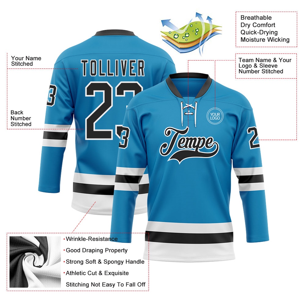 Custom Panther Blue Black White Hockey Lace Neck Jersey, New Hockey Jersey, Personali Sport Team Jersey Shirt