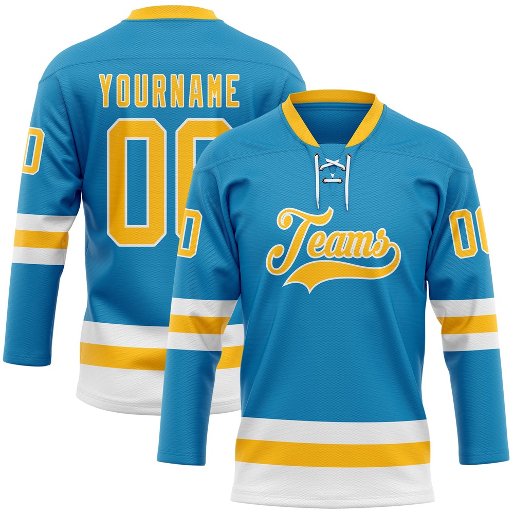 Custom Panther Blue Gold White Hockey Lace Neck Jersey, New Hockey Jersey, Personali Sport Team Jersey Shirt