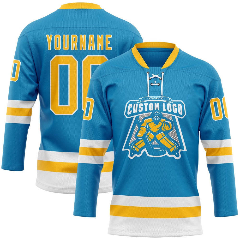 Custom Panther Blue Gold White Hockey Lace Neck Jersey, New Hockey Jersey, Personali Sport Team Jersey Shirt