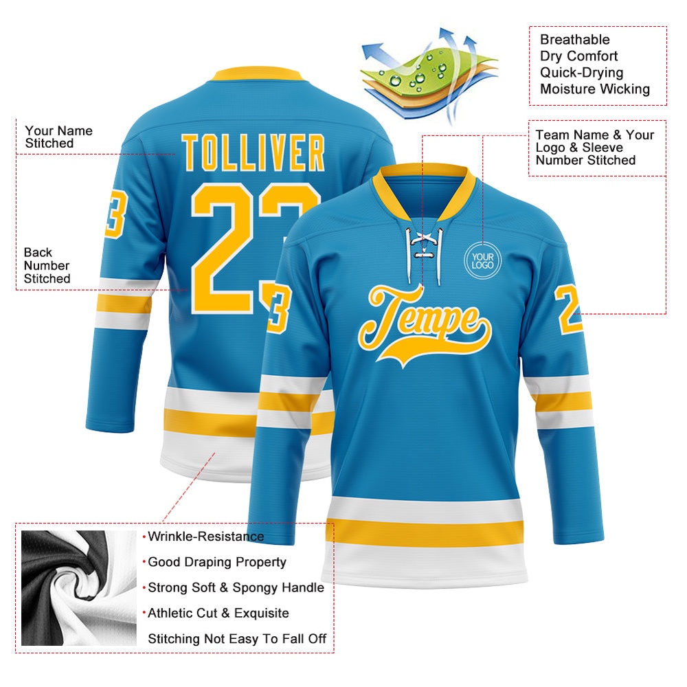 Custom Panther Blue Gold White Hockey Lace Neck Jersey, New Hockey Jersey, Personali Sport Team Jersey Shirt