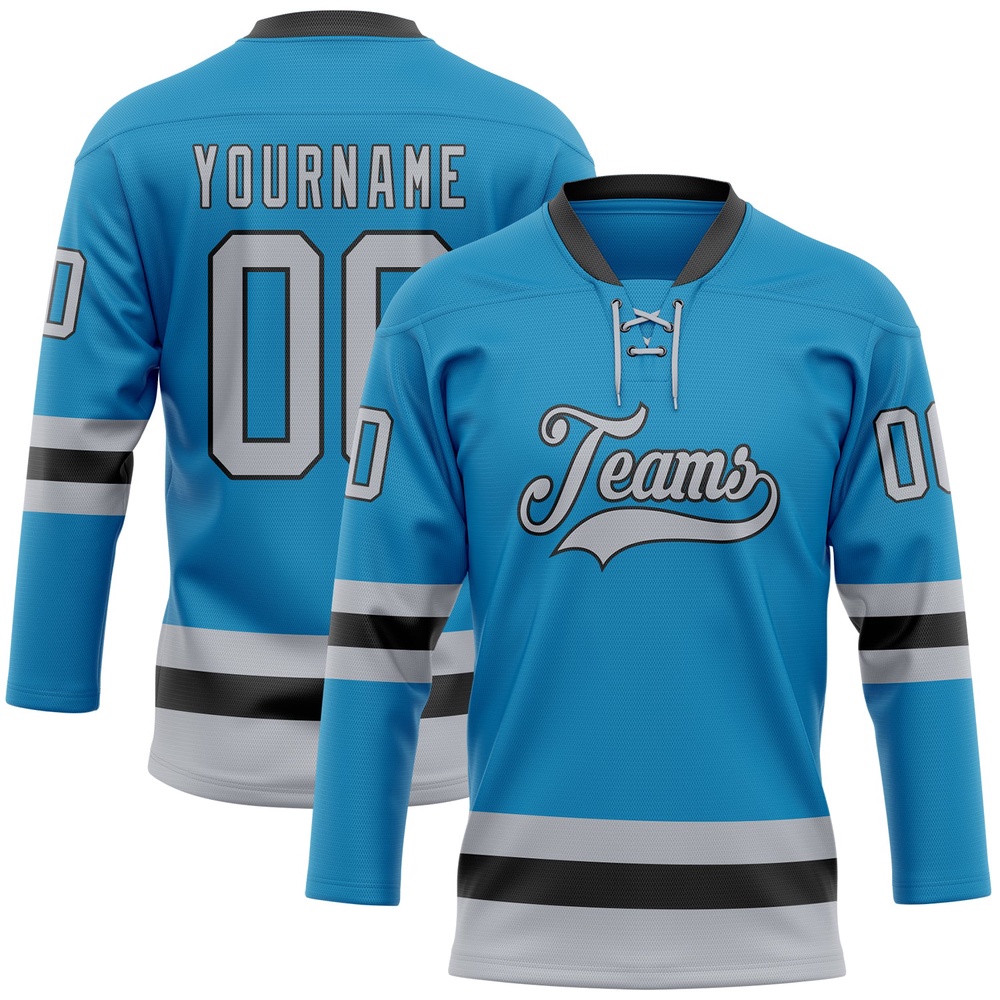 Custom Panther Blue Gray Black Hockey Lace Neck Jersey, New Hockey Jersey, Personali Sport Team Jersey Shirt
