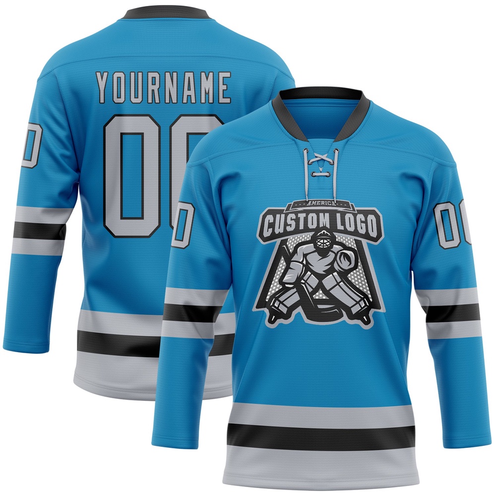 Custom Panther Blue Gray Black Hockey Lace Neck Jersey, New Hockey Jersey, Personali Sport Team Jersey Shirt