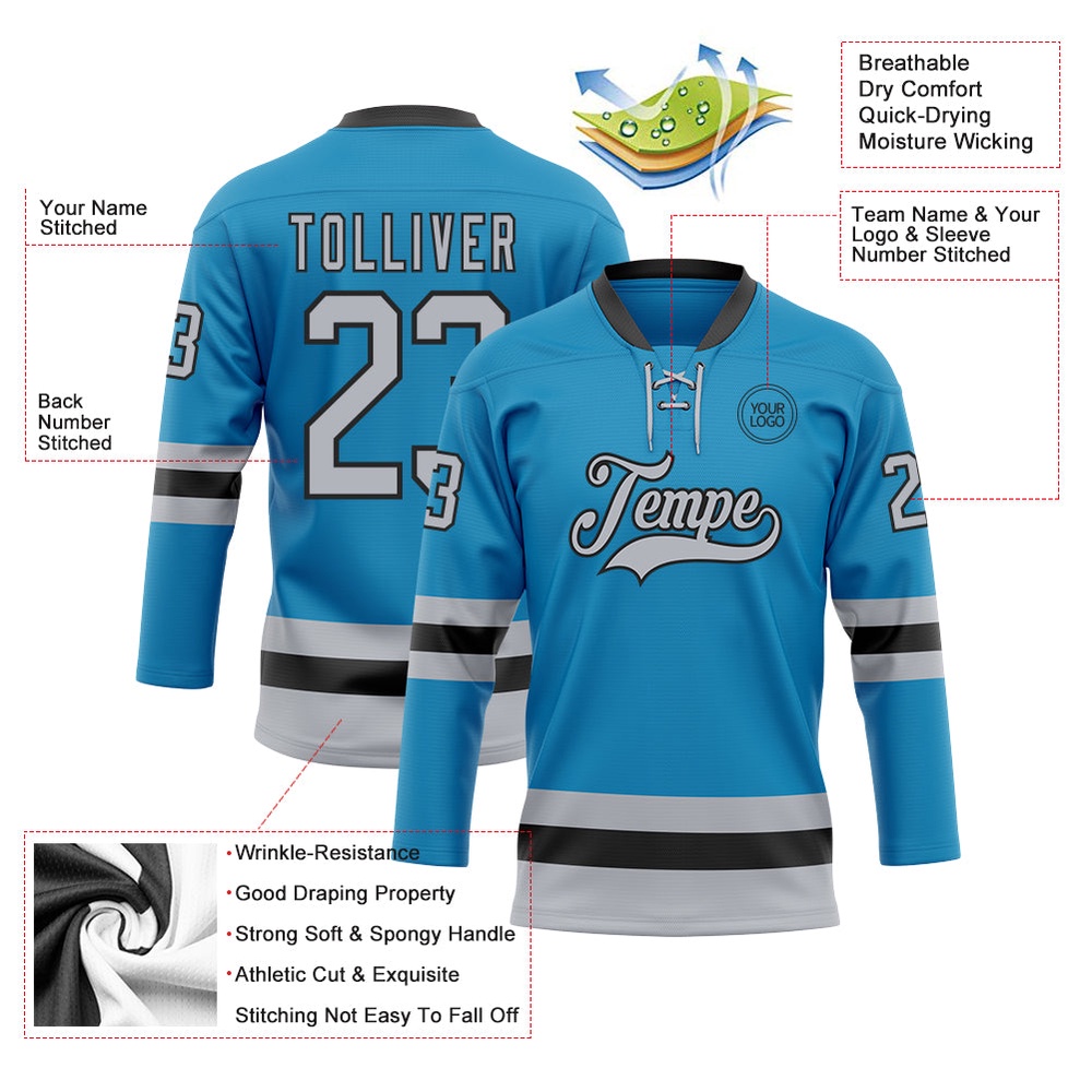 Custom Panther Blue Gray Black Hockey Lace Neck Jersey, New Hockey Jersey, Personali Sport Team Jersey Shirt