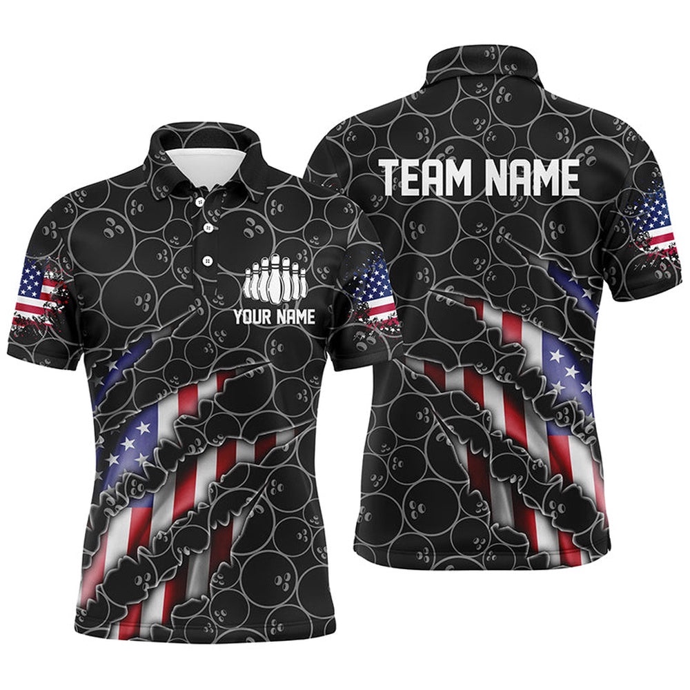 Custom Patriotic Bowling Shirts For Men, American Flag Bowling Uniform Bowlers Outfit Black, Personalized Bowling Team Shirt