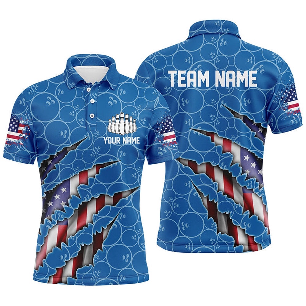 Custom Patriotic Bowling Shirts For Men, American Flag Bowling Uniform Bowlers Outfit Blue, Personalized Bowling Team Shirt
