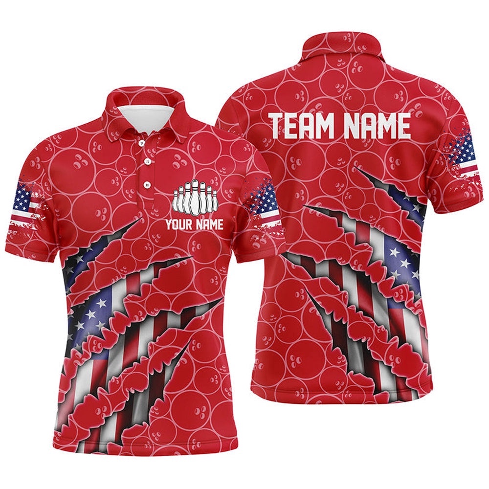 Custom Patriotic Bowling Shirts For Men, American Flag Bowling Uniform Bowlers Outfit Red, Personalized Bowling Team Shirt