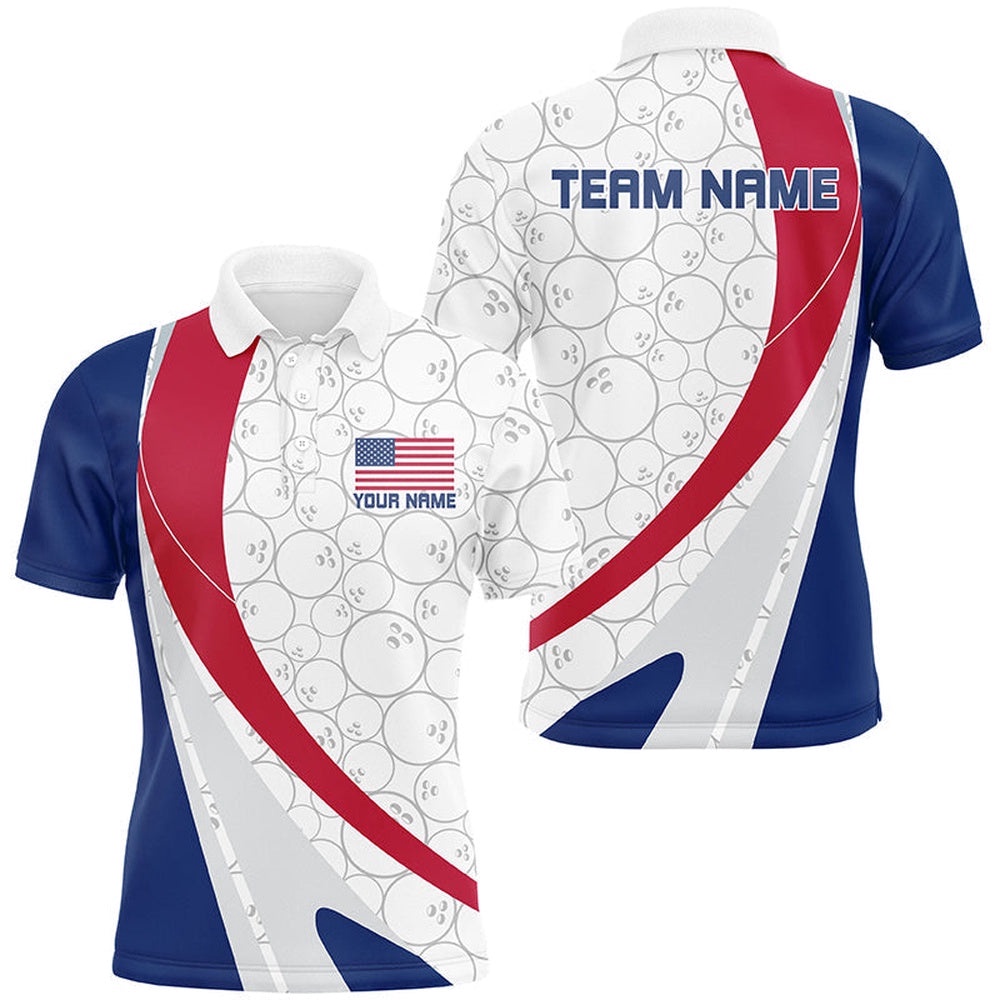 Custom Patriotic Bowling Shirts For Men, Red White And Blue Bowling Polo Shirts For Men, Personalized Bowling Team Shirt