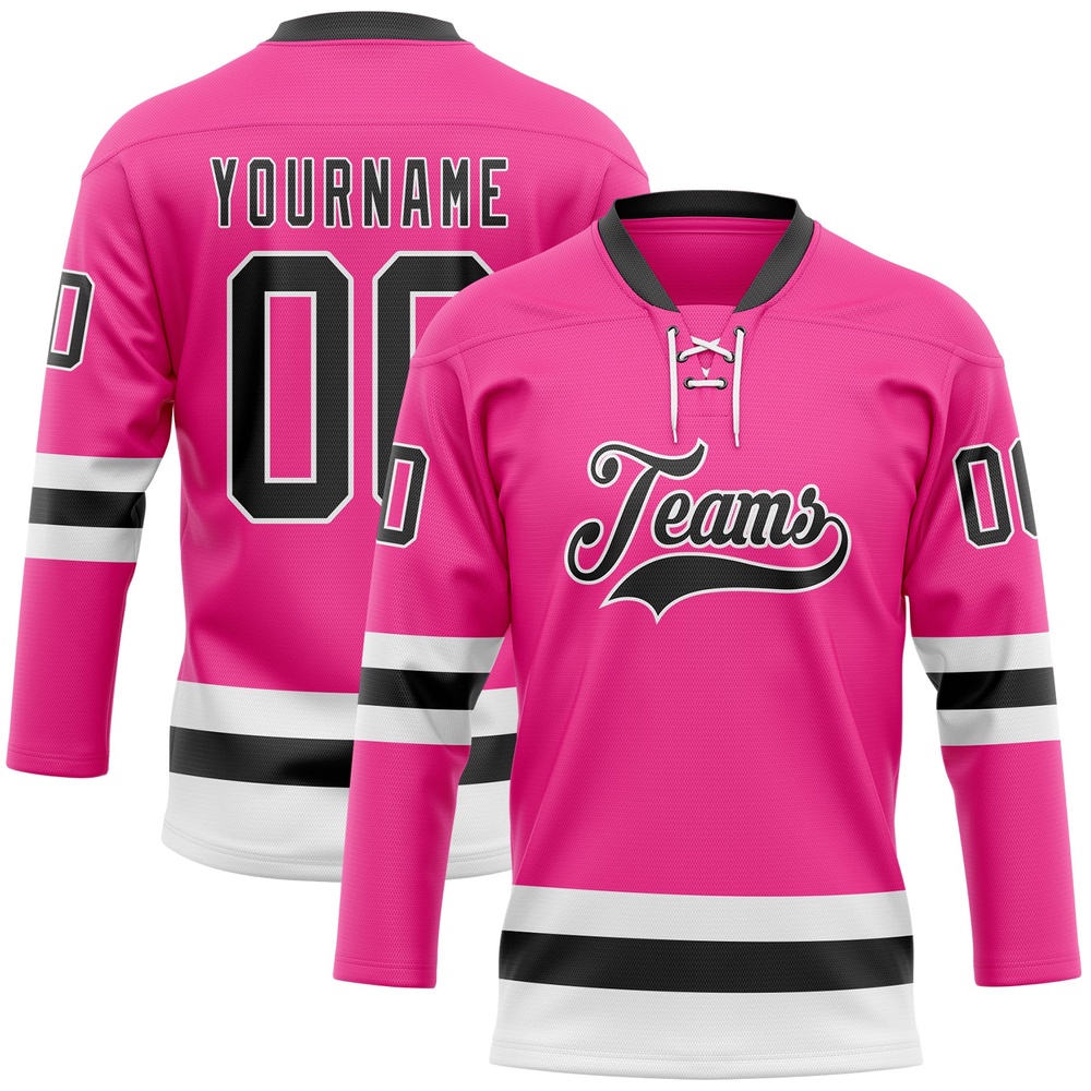 Custom Pink Black White Hockey Lace Neck Jersey, New Hockey Jersey, Personali Sport Team Jersey Shirt