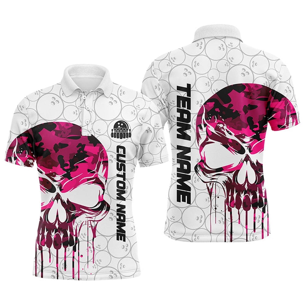 Custom Pink Camo Skull Bowling Polo Shirts Men Team Bowling Polo Shirt Bowling League Outfit, Personalized Bowling Team Shirt