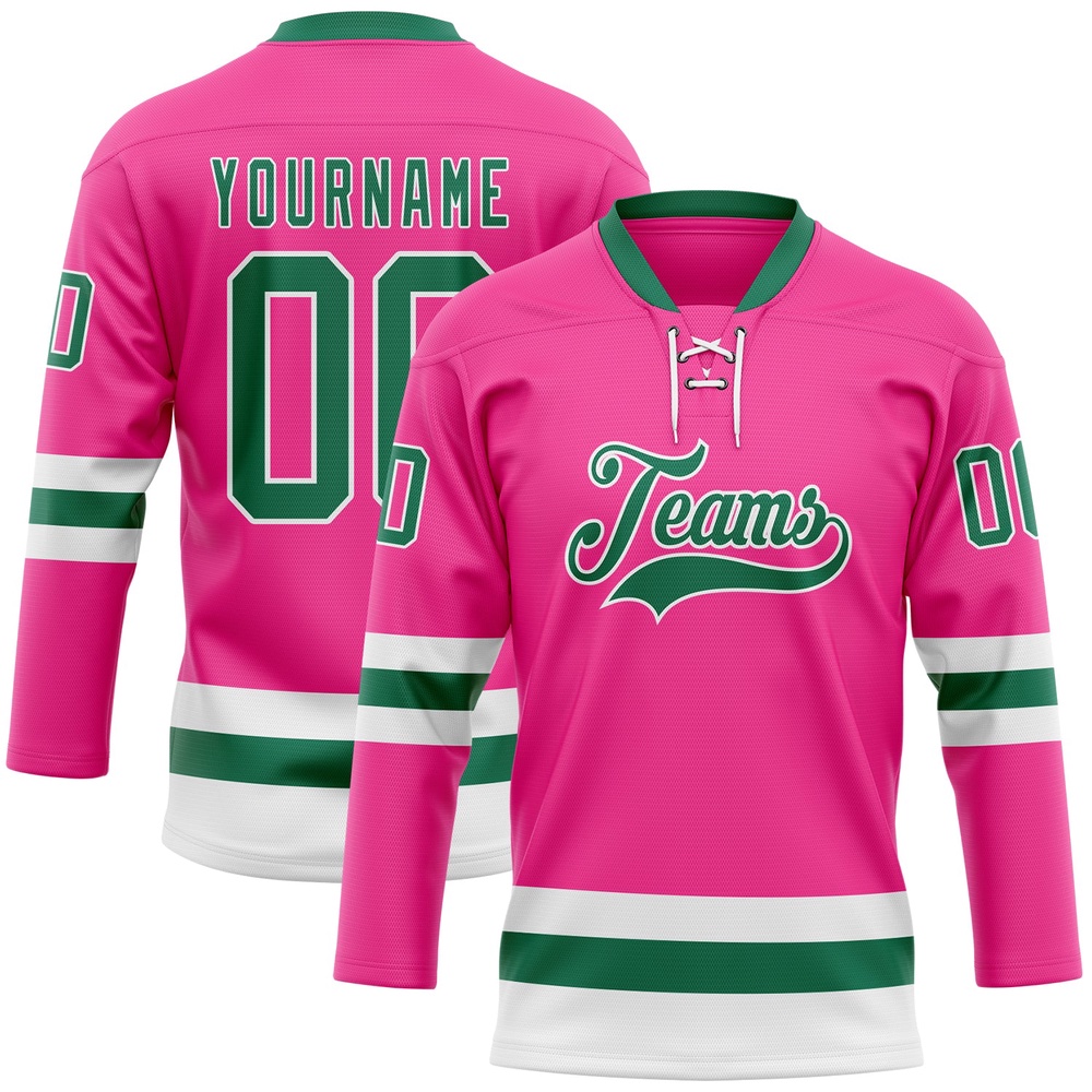 Custom Pink Kelly Green White Hockey Lace Neck Jersey, New Hockey Jersey, Personali Sport Team Jersey Shirt