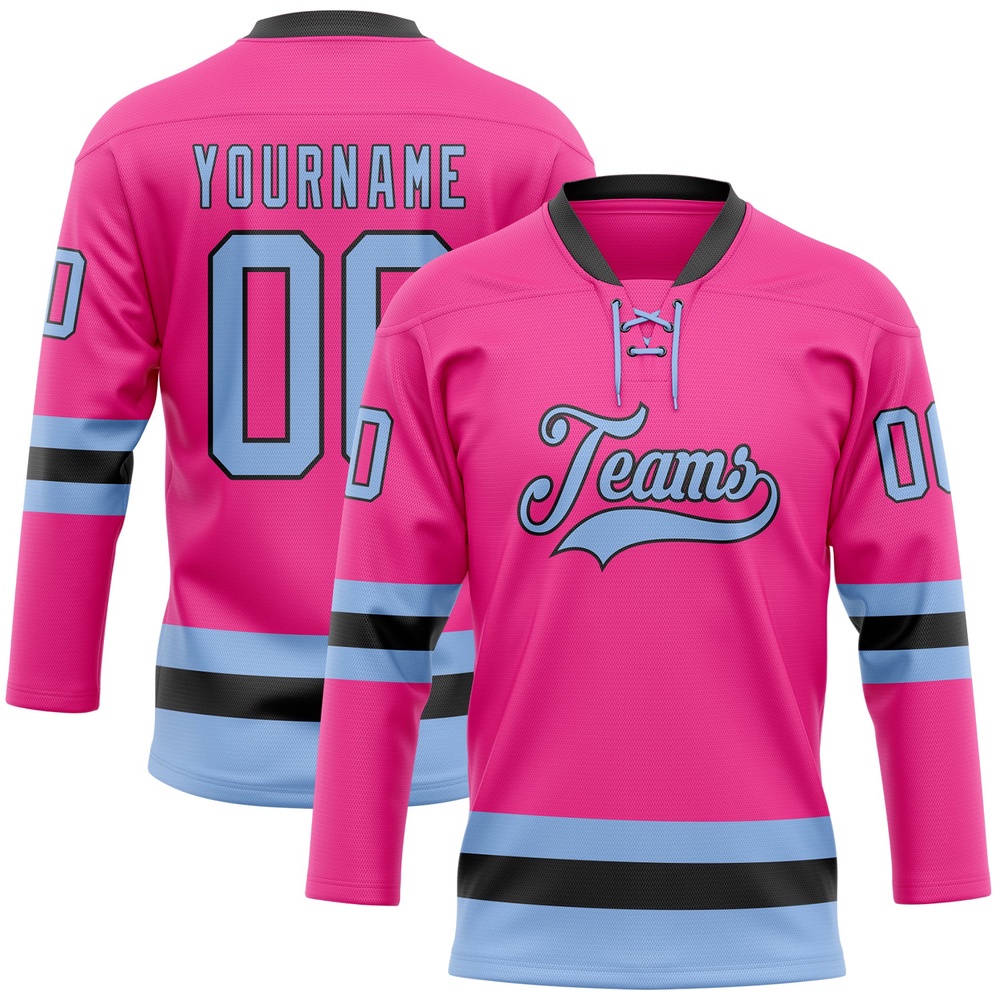 Custom Pink Light Blue Black Hockey Lace Neck Jersey, New Hockey Jersey, Personali Sport Team Jersey Shirt