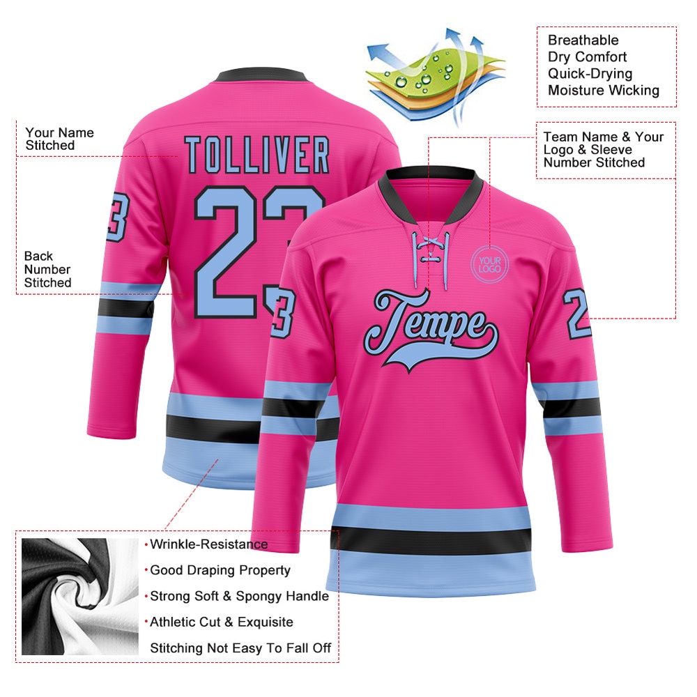 Custom Pink Light Blue Black Hockey Lace Neck Jersey, New Hockey Jersey, Personali Sport Team Jersey Shirt