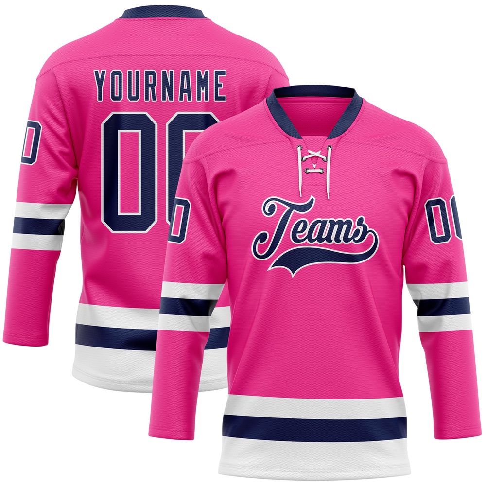 Custom Pink Navy White Hockey Lace Neck Jersey, New Hockey Jersey, Personali Sport Team Jersey Shirt