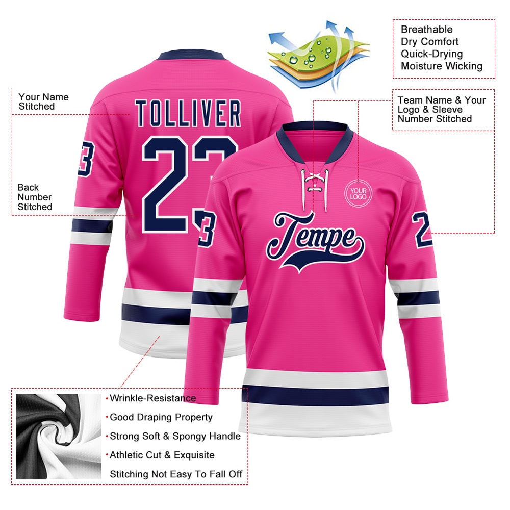 Custom Pink Navy White Hockey Lace Neck Jersey, New Hockey Jersey, Personali Sport Team Jersey Shirt