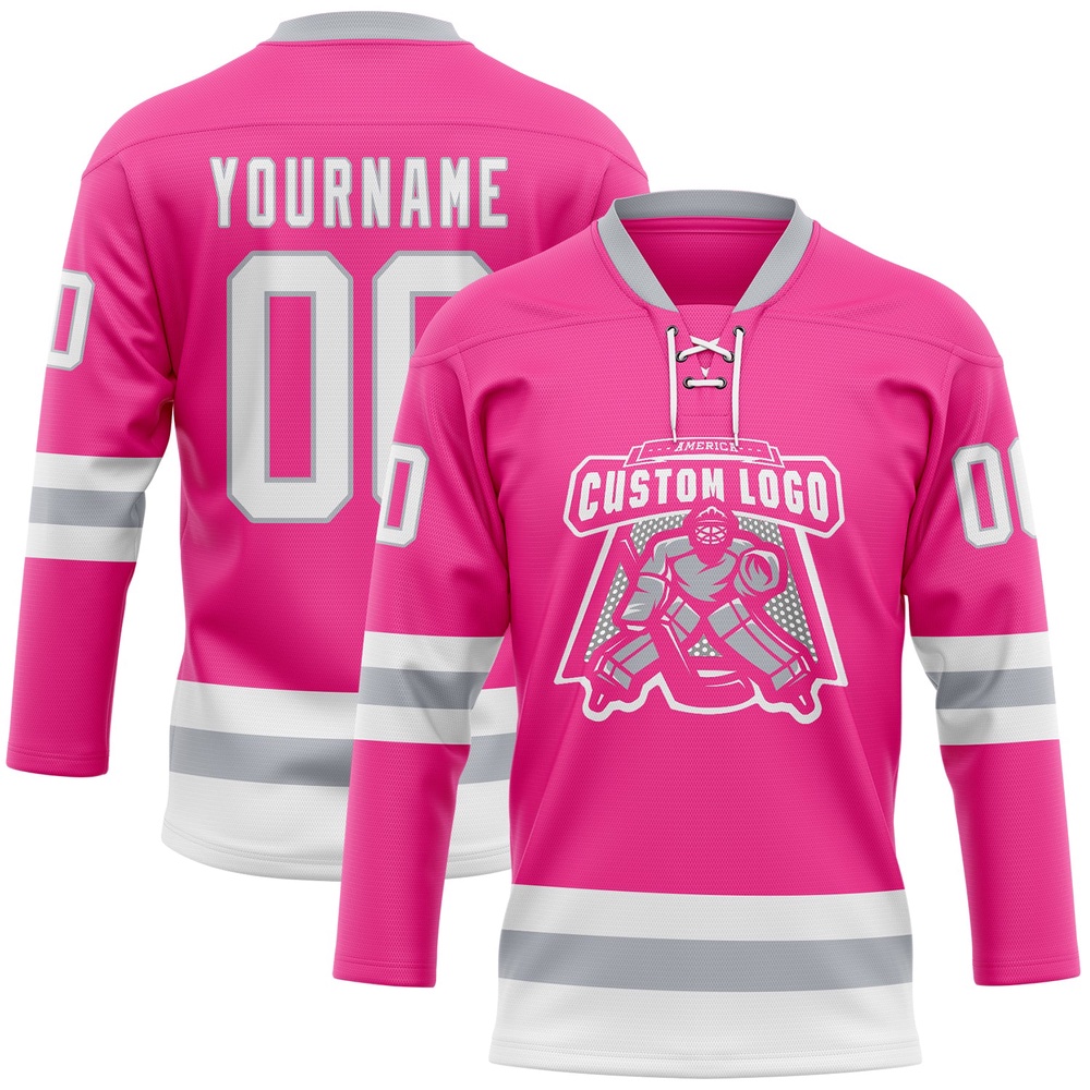 Custom Pink White Gray Hockey Lace Neck Jersey, New Hockey Jersey, Personali Sport Team Jersey Shirt