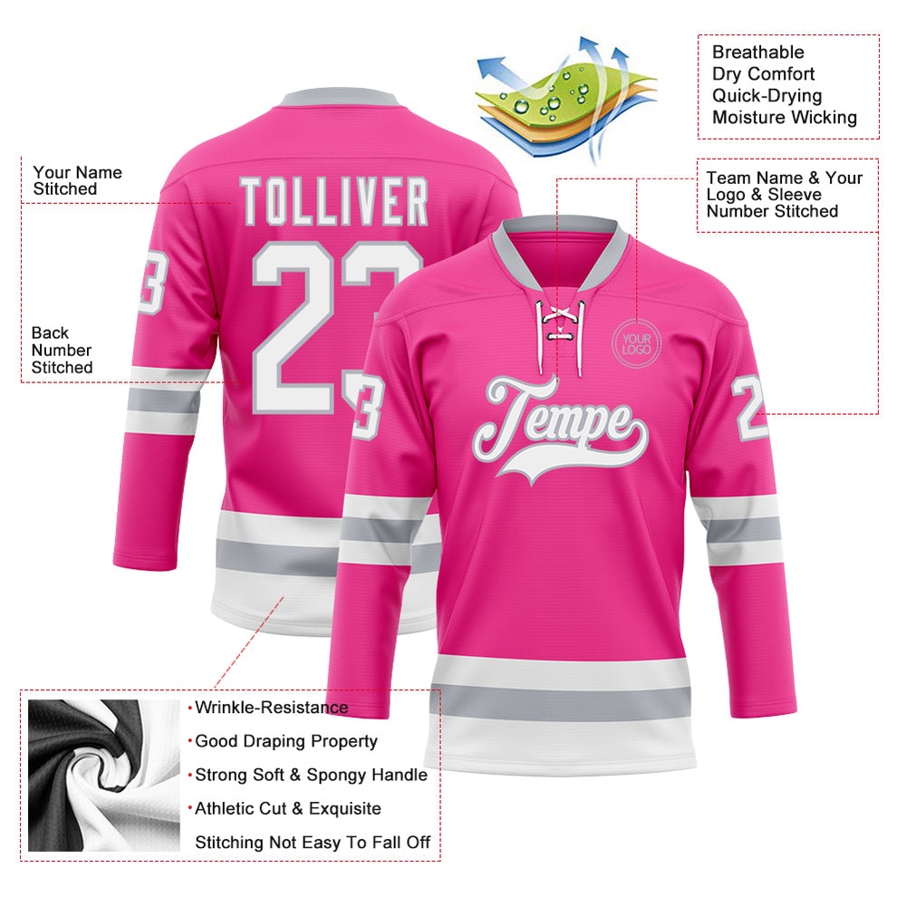 Custom Pink White Gray Hockey Lace Neck Jersey, New Hockey Jersey, Personali Sport Team Jersey Shirt