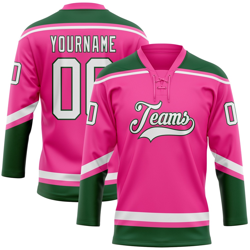 Custom Pink White Green Hockey Lace Neck Jersey, New Hockey Jersey, Personali Sport Team Jersey Shirt