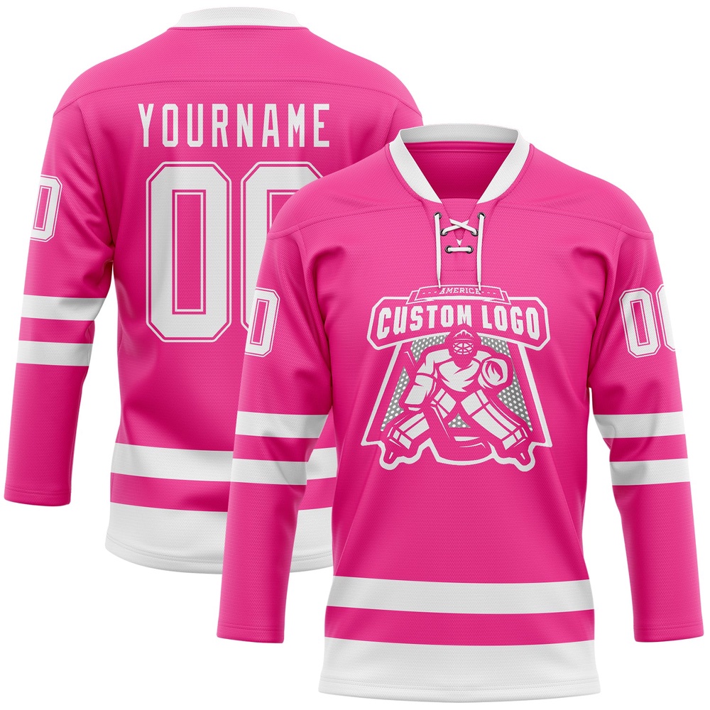 Custom Pink White Hockey Lace Neck Jersey, New Hockey Jersey, Personali Sport Team Jersey Shirt