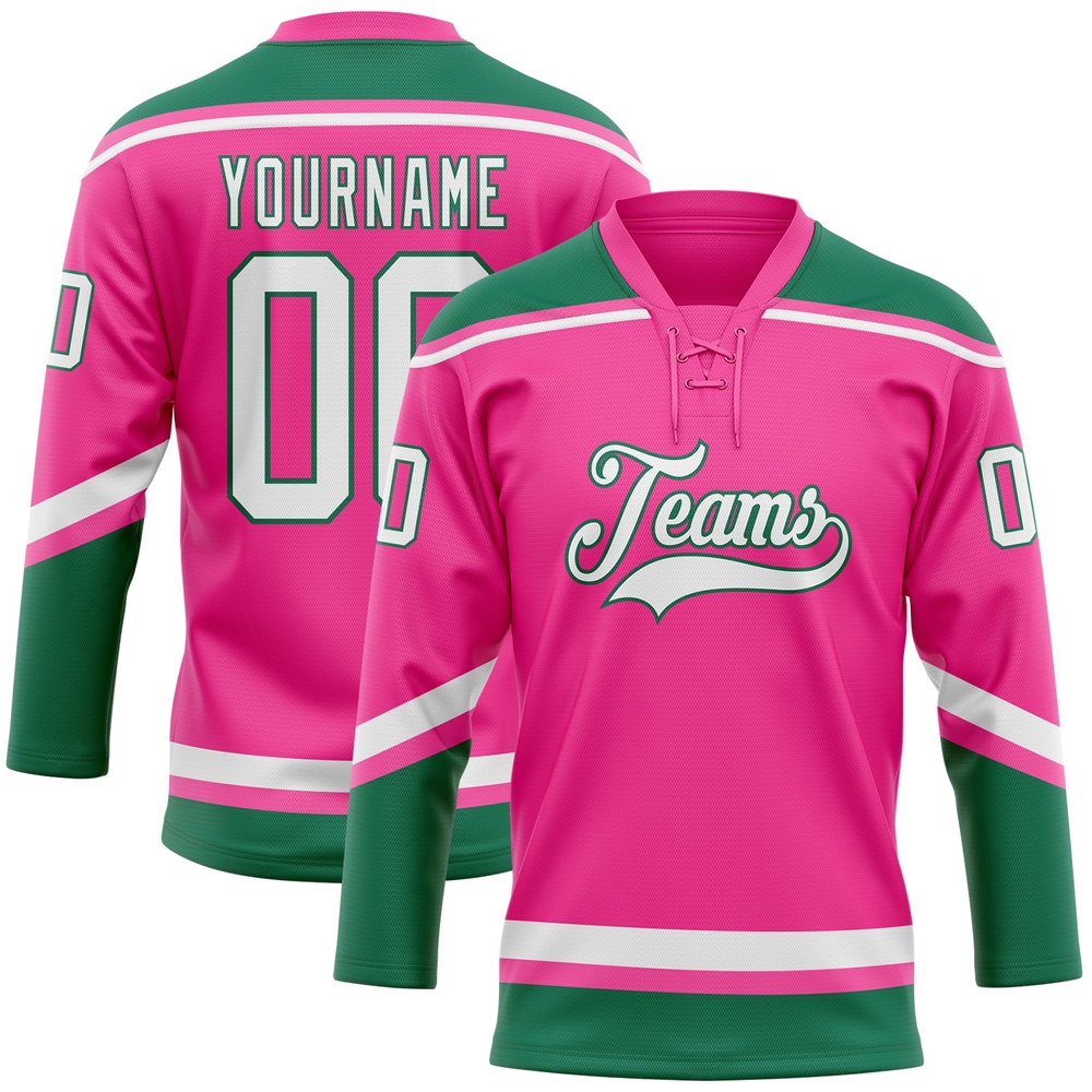 Custom Pink White Kelly Green Hockey Lace Neck Jersey, New Hockey Jersey, Personali Sport Team Jersey Shirt