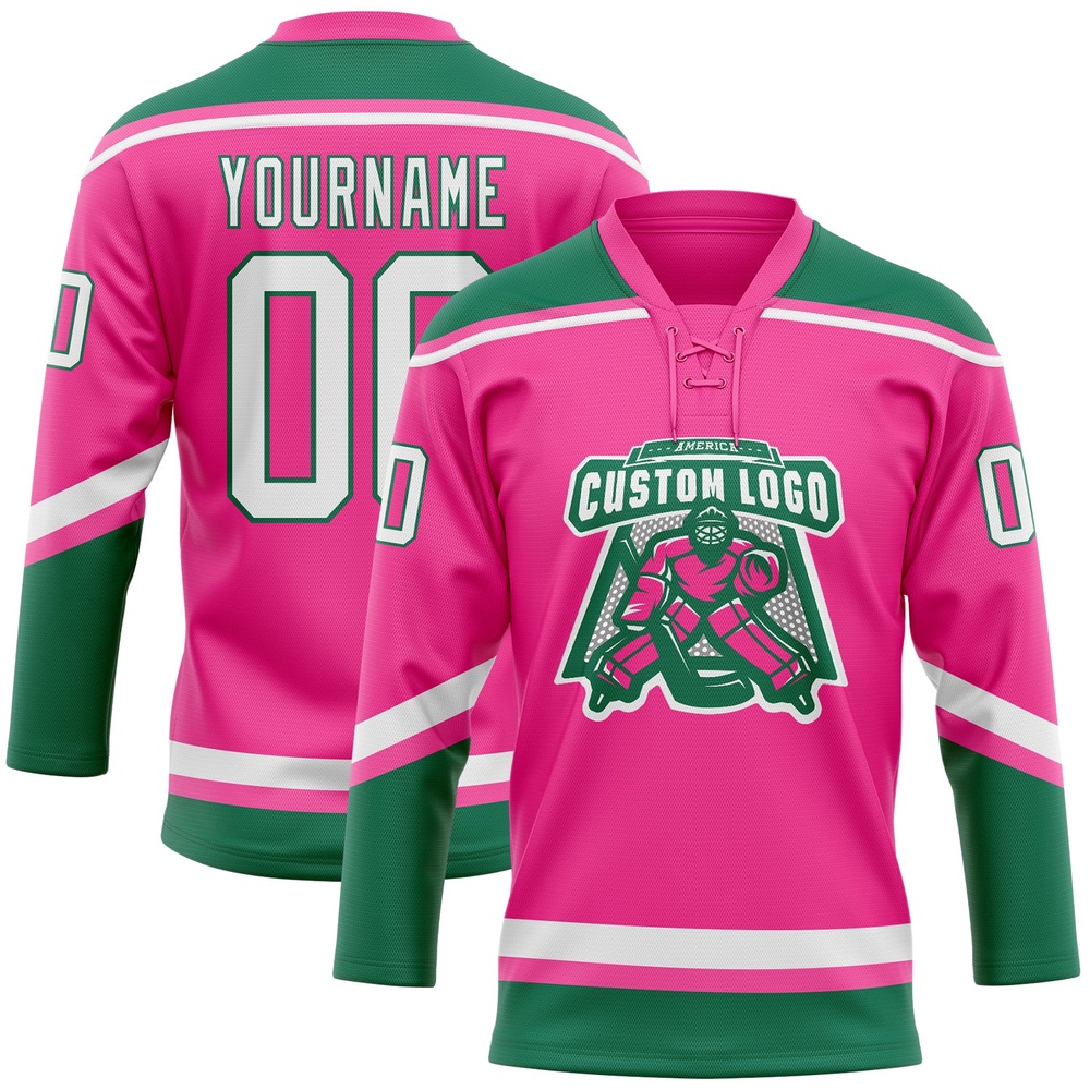 Custom Pink White Kelly Green Hockey Lace Neck Jersey, New Hockey Jersey, Personali Sport Team Jersey Shirt