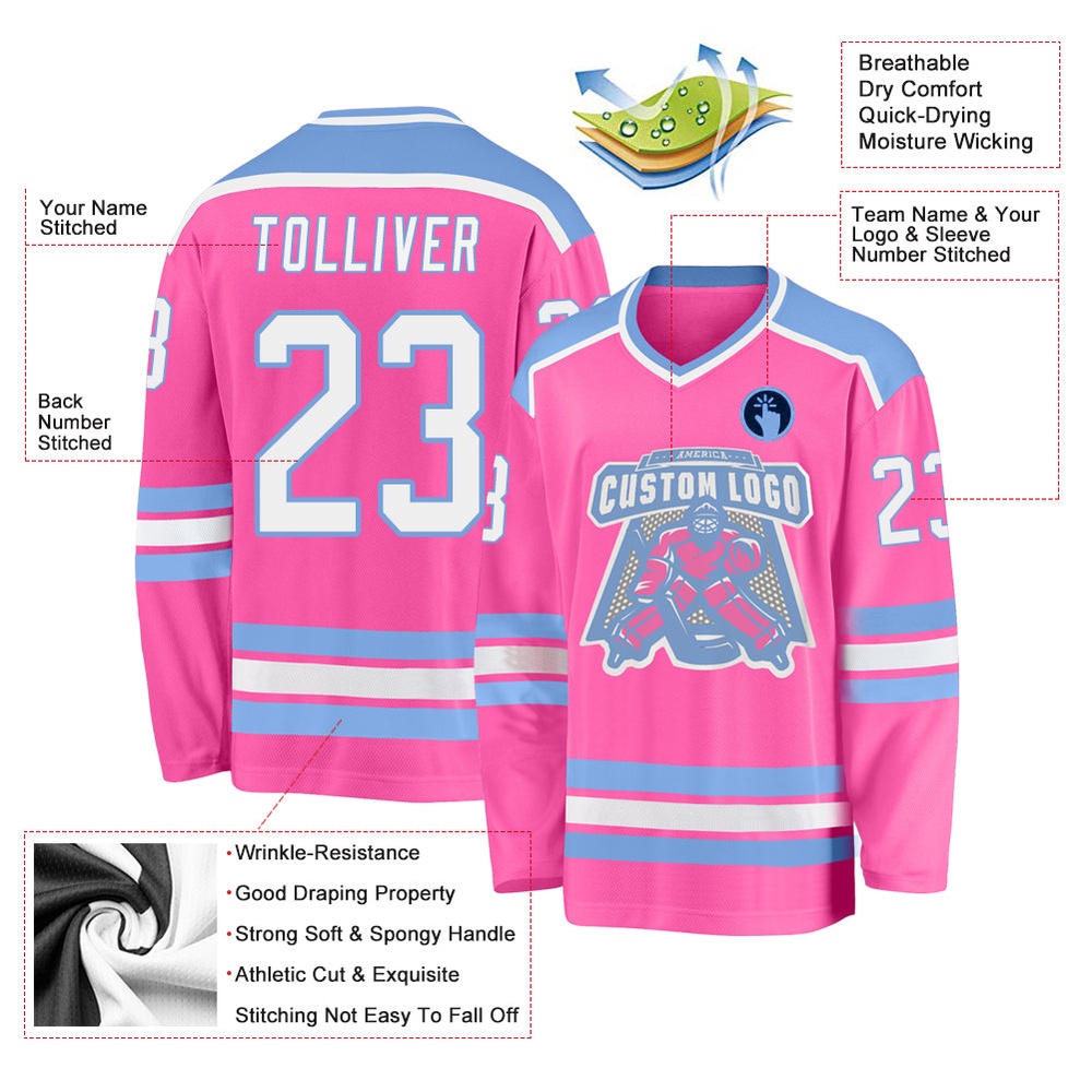 Custom Pink White Light Blue Hockey Jersey, New Hockey Jersey, Personali Sport Team Jersey Shirt